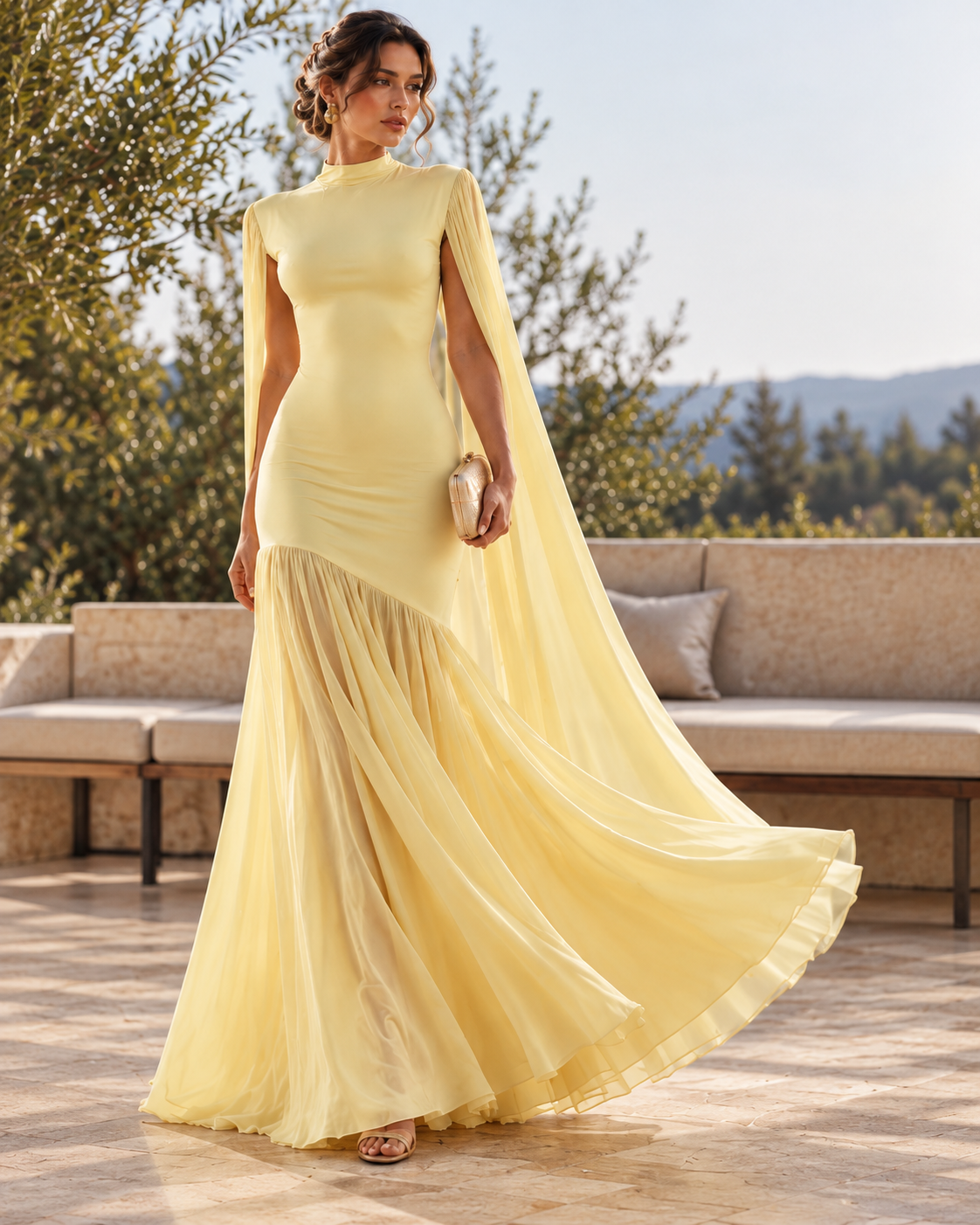 cape sleeve gown, Women’s yellow cape sleeve evening gown in lightweight mesh fabric with floor length silhouette and draped flowy fit and flare sillouhette, perfect fot elegant formal maxi dress for weddings, black tie events, and evening occasions.