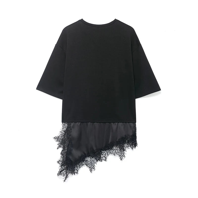 Oversized t shirt with lace hem, breathable cotton texture with asymmetric satin underlayer and lace trim, relaxed fit silhouette, casual layered top women outfit, perfect for fall casual outfits