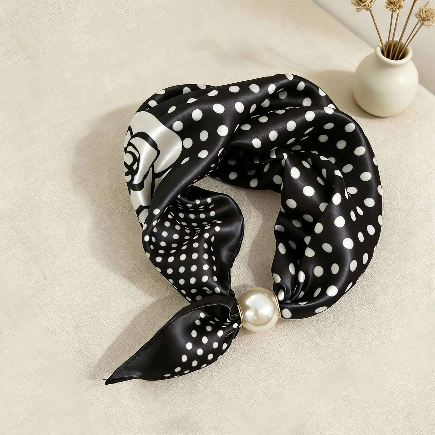 Lightweight faux silk fashion scarf with a decorative floral print and magnetic pearl clasp, designed for women seeking versatile neck accessories for work, travel, and everyday outfits.