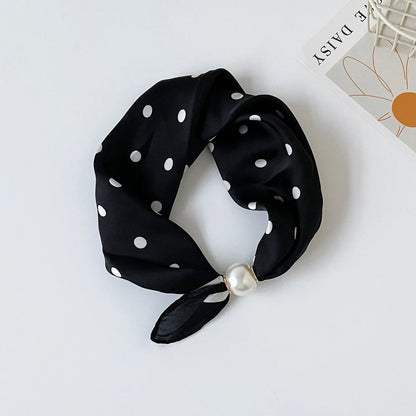 Women's faux silk neck scarf with a magnetic pearl closure, ideal for business casual outfits, tailored blazers, white shirts, and polished office wardrobe styling.