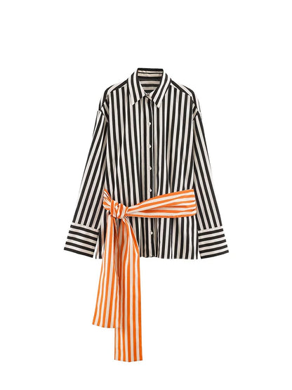 Boss Lady Black White Striped Shirt with Orange Waist Tie