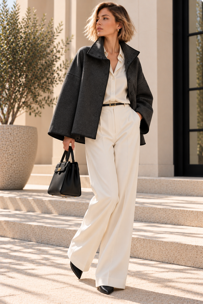 charcoal grey jacket, charcoal grey contrast stitch jacket, cropped relaxed silhouette with a sculptural funnel neck, dark decorative edging and contrasting buttons, suited to minimalist outerwear, contrast stitch jacket quiet luxury and polished office-to-weekend dressing.
