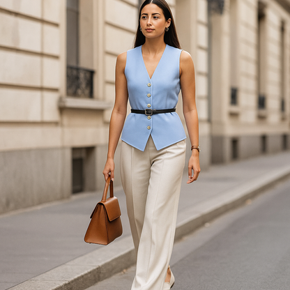 slim fit vest, minimalist vest women, gold button vest, women’s vest fashion, chic layering office outfit vest, power dressing vest women, vest with gold buttons women.