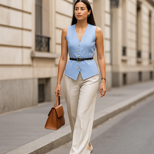 slim fit vest, minimalist vest women, gold button vest, women’s vest fashion, chic layering office outfit vest, power dressing vest women, vest with gold buttons women.