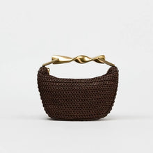 Load image into Gallery viewer, Crossbody woven bag, sculptural handle purse, terracotta shoulder bag for evening soiree handbag, lightweight designer look tote, straw sling bag, woven sling bag, bucket sling bag, crossbody straw sling bag, raffia sling bag, chic woven sling purse.