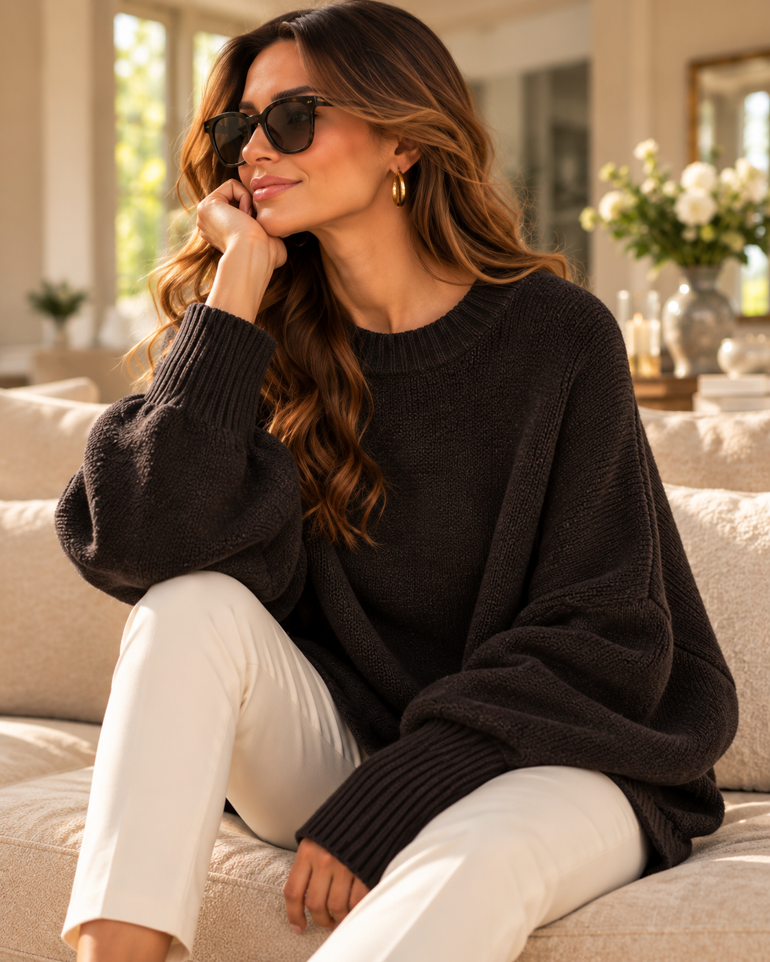 chocolate brown minimalist sweater women, classy casual outfit, oversized ribbed knit with a fluid body, wide batwing sleeves, clean crew neckline and elongated cuffs, styled as a minimalist oversized sweater women can wear for understated versatile everyday style.