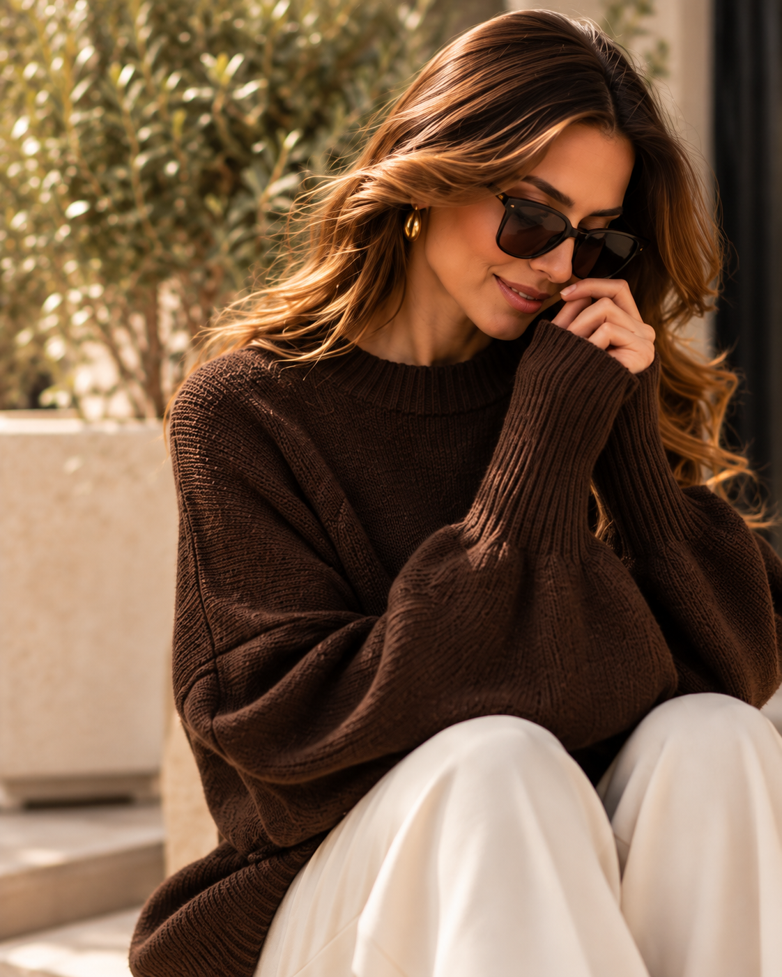 chocolate brown minimalist sweater women, long ribbed cuff sweater, oversized knit sweater, elevated casual sweater, old money sweater, layering sweater women.
