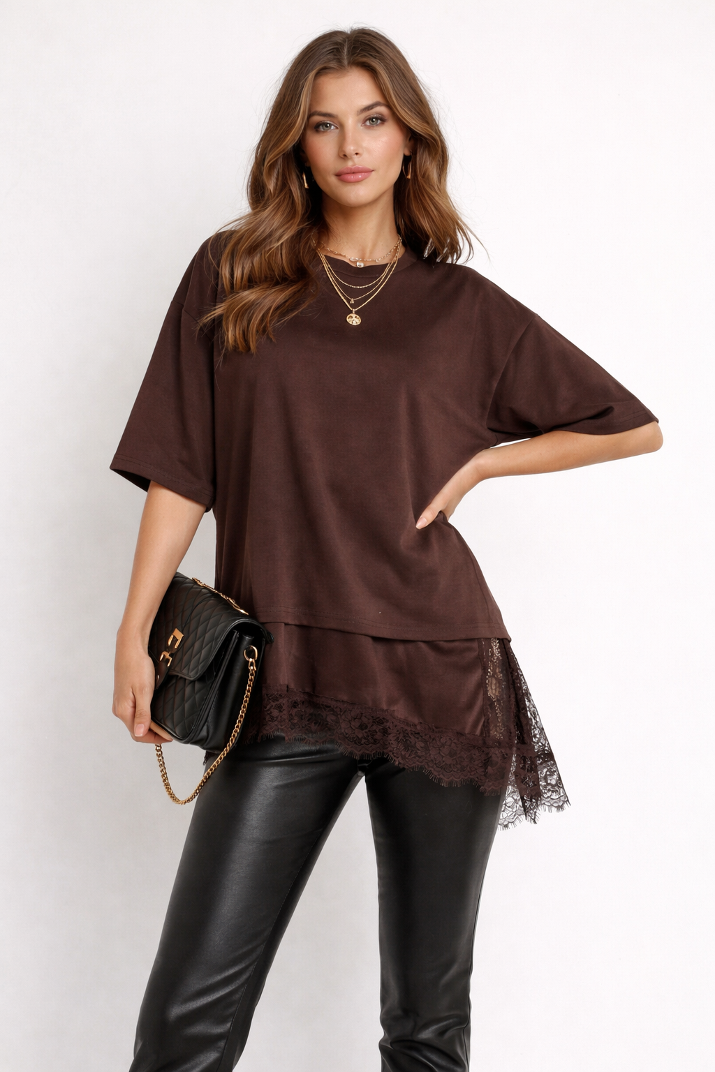 oversized t shirt with lace hem women, Layered look top women, casual oversized layered top outfit women, cotton blend texture with satin slip hem and lace detail, loose oversized silhouette, oversized tee with lace trim hem outfit, perfect for Pinterest aesthetic outfits, minimalist layered outfit top women.