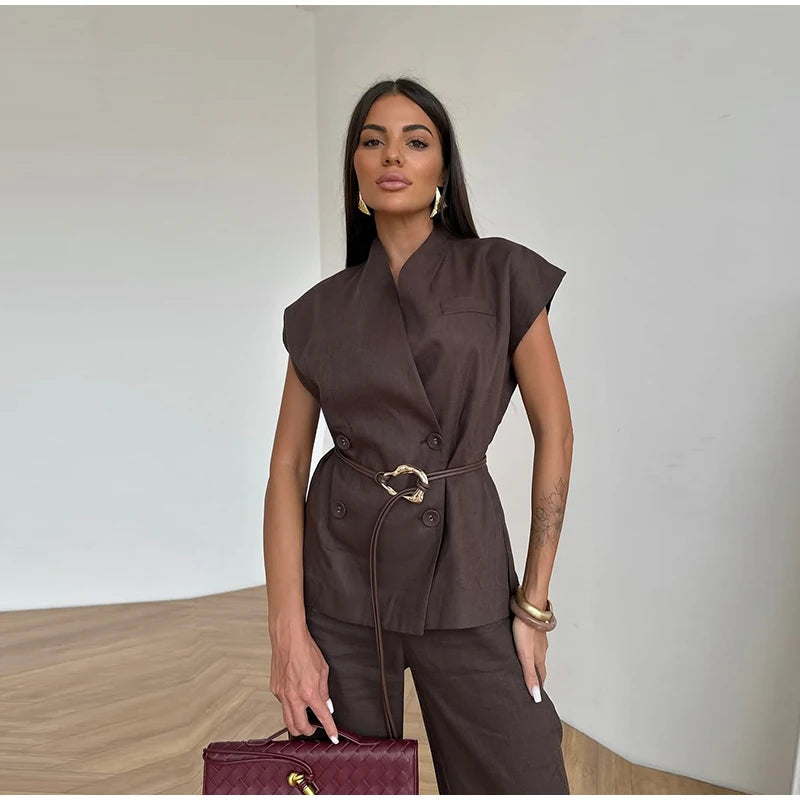 Power up Women’s Two-Piece Brown Pant Set – Wide Leg Pants, Belted Structured Top, Business Casual Fancy Pantsuit Brown / L