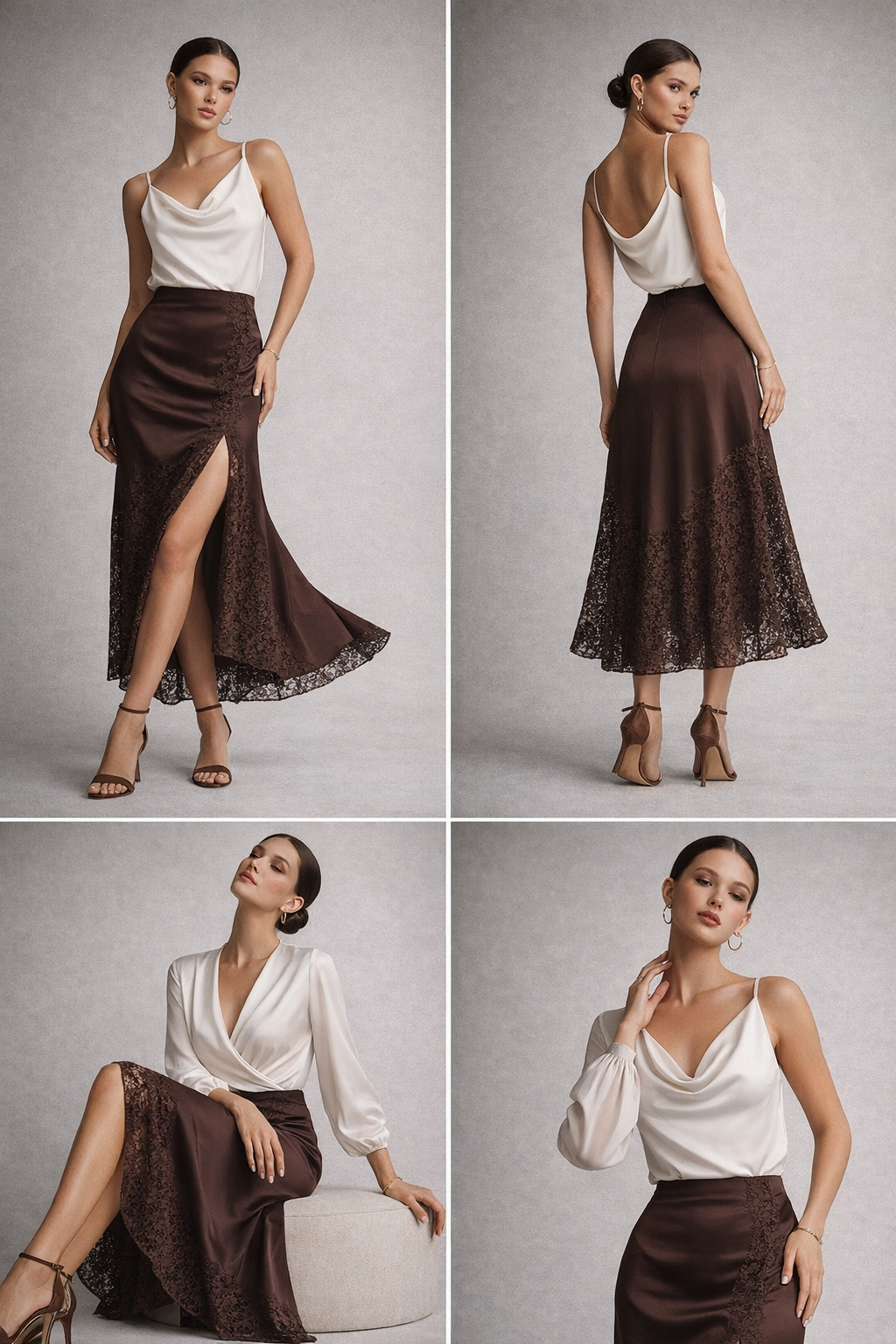 satin lace hem midi skirt, brown satin skirt, lace midi skirt, satin skirt outfit, Satin midi skirt for women, smooth chocolate-brown satin texture with lace-trim midi skirt styling, soft flared silhouette, chocolate brown satin midi skirt outfit, perfect for fall dinner outfits.