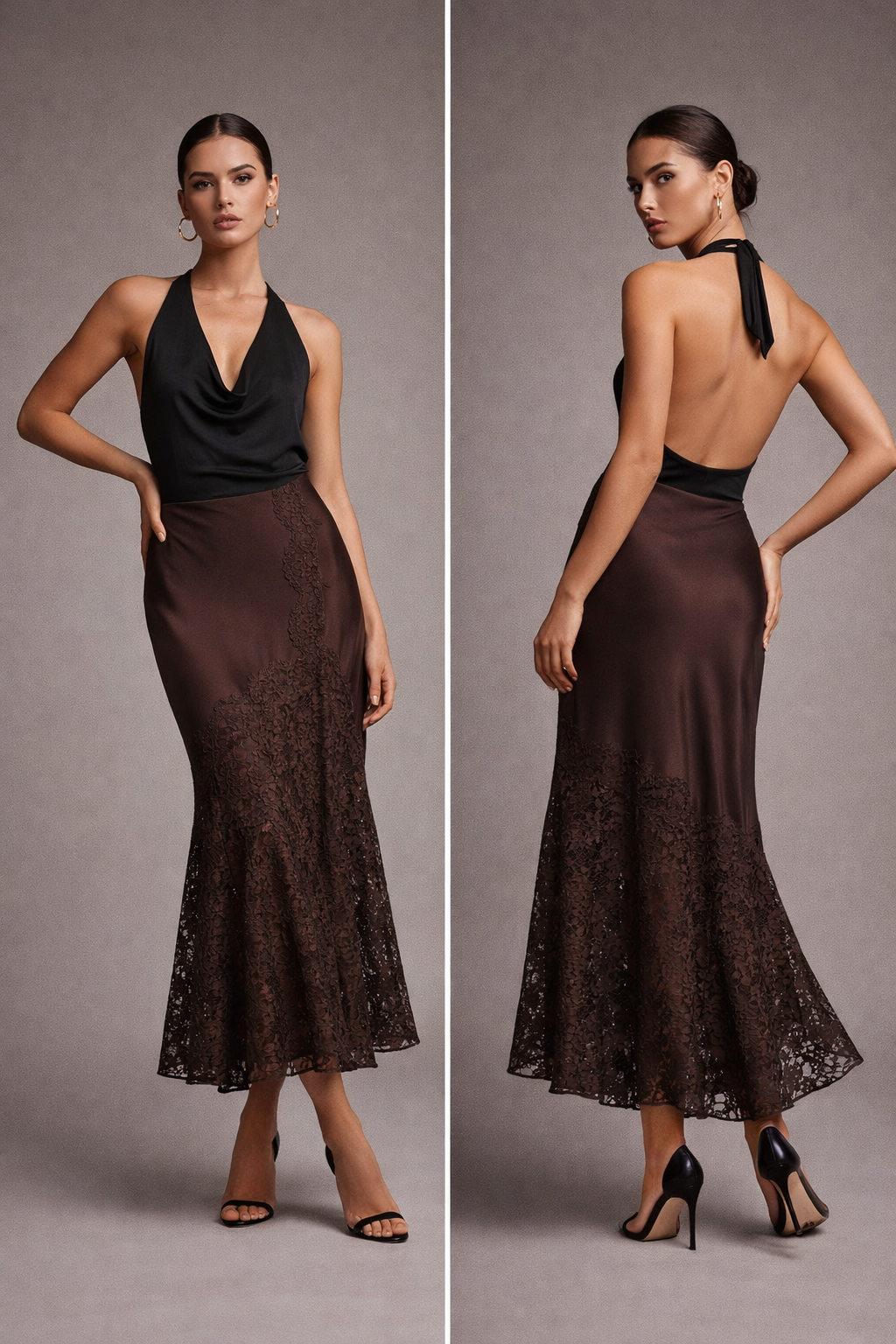 satin lace hem midi skirt, brown satin skirt, lace midi skirt, satin skirt outfit, Satin midi skirt for women, smooth chocolate-brown satin texture with lace-trim midi skirt styling, soft flared silhouette, chocolate brown satin midi skirt outfit, perfect for fall dinner outfits.