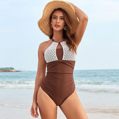 blue halter one piece swimsuit, high cut one piece swimsuit, lace swimsuit, ruched criss cross back one piece swim wear, vacation swimwear women, lace halter one piece swimsuit women, resort wear swimwear, supportive halter swimsuit with padding look, affordable flattering swimsuit under $100.