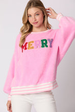 Load image into Gallery viewer, christmas sweatshirt women, plush winter sweatshirt women, cute holiday sweatshirt women, pink fuzzy sweater for women, embroidered sweatshirt women, crew neck oversized sweatshirt, sequin sweatshirt women.