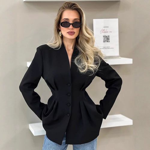 formal black blazer women, Elegant black sculpted waist blazer for women with a tailored fit and button-up front, designed for office wear or evening dinners. A minimalist luxury structured blazer jacket that defines power dressing, black tailored blazer for women.