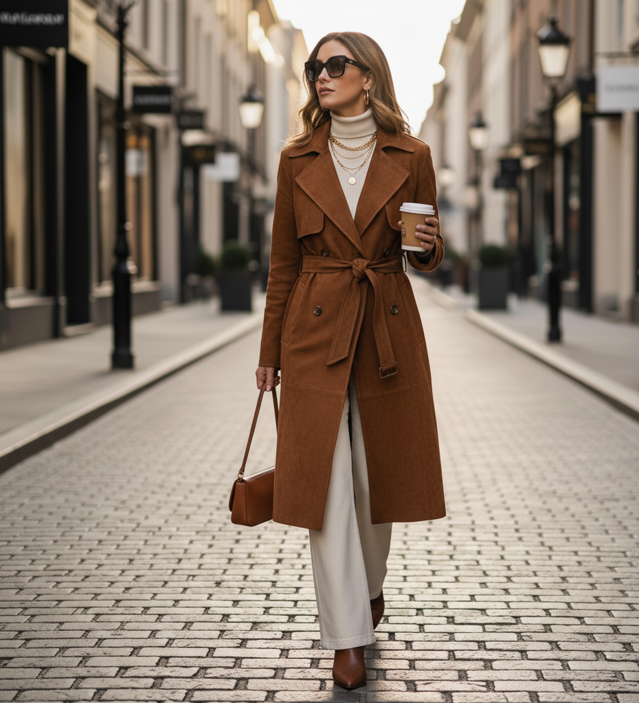 classic trench coat women, luxury trench coat women, suede long coat women, Chic camel trench coat for women with a soft faux suede finish, structured shoulders, and belt closure. Ideal for fall travel trench coat looks and elegant business casual outerwear styling.