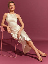 Load image into Gallery viewer, classy satin dress, elegant ivory dress, minimalist satin dress, satin formal dress, satin shift dress, satin slip dress, old money dress, holiday party dress women, summer evening dress, cocktail wedding guest dress, wedding guest satin dress.