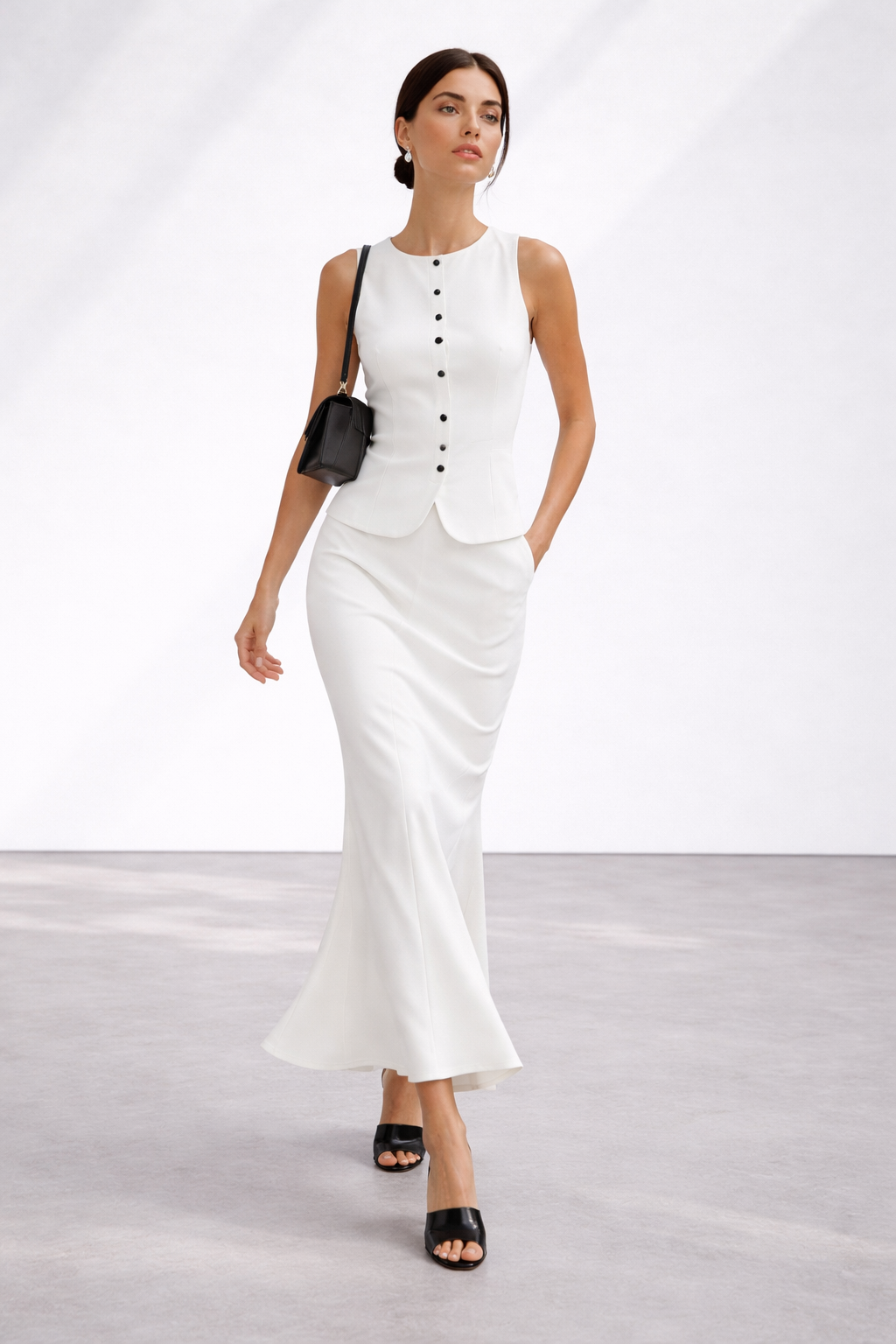 spring coord sets, Petite vest maxi set, white coord set, two piece skirt set, summer outfit sets, button vest skirt set, tailored vest maxi set,  minimalist skirt sets, sleeveless vest sets, business casual two piece, old money coord sets.