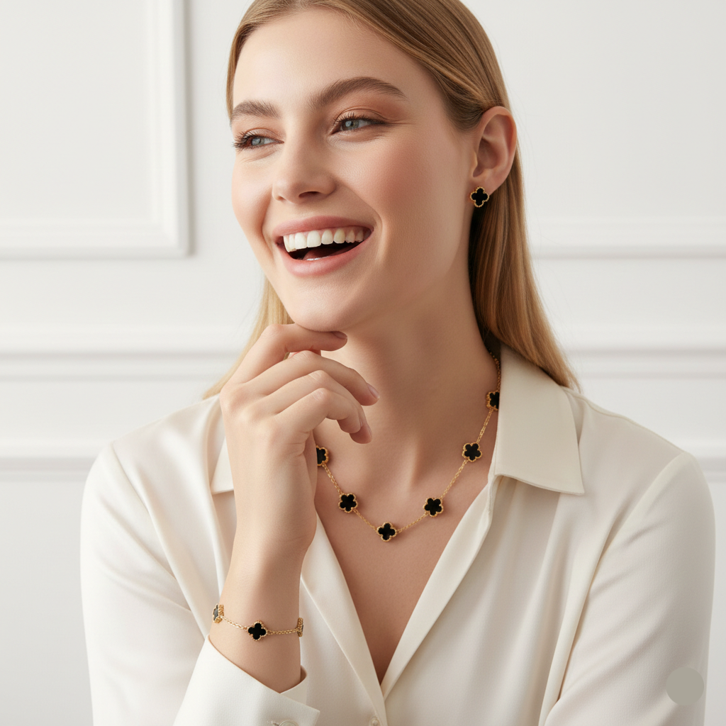 clover necklace bracelet earrings set, Clover jewelry set necklace bracelet earrings, glossy enamel clover charms with gold necklace bracelet set styling, delicate chain arrangement, gold clover jewelry set women, wedding guest jewelry accessory, old money aesthetic jewelry set.