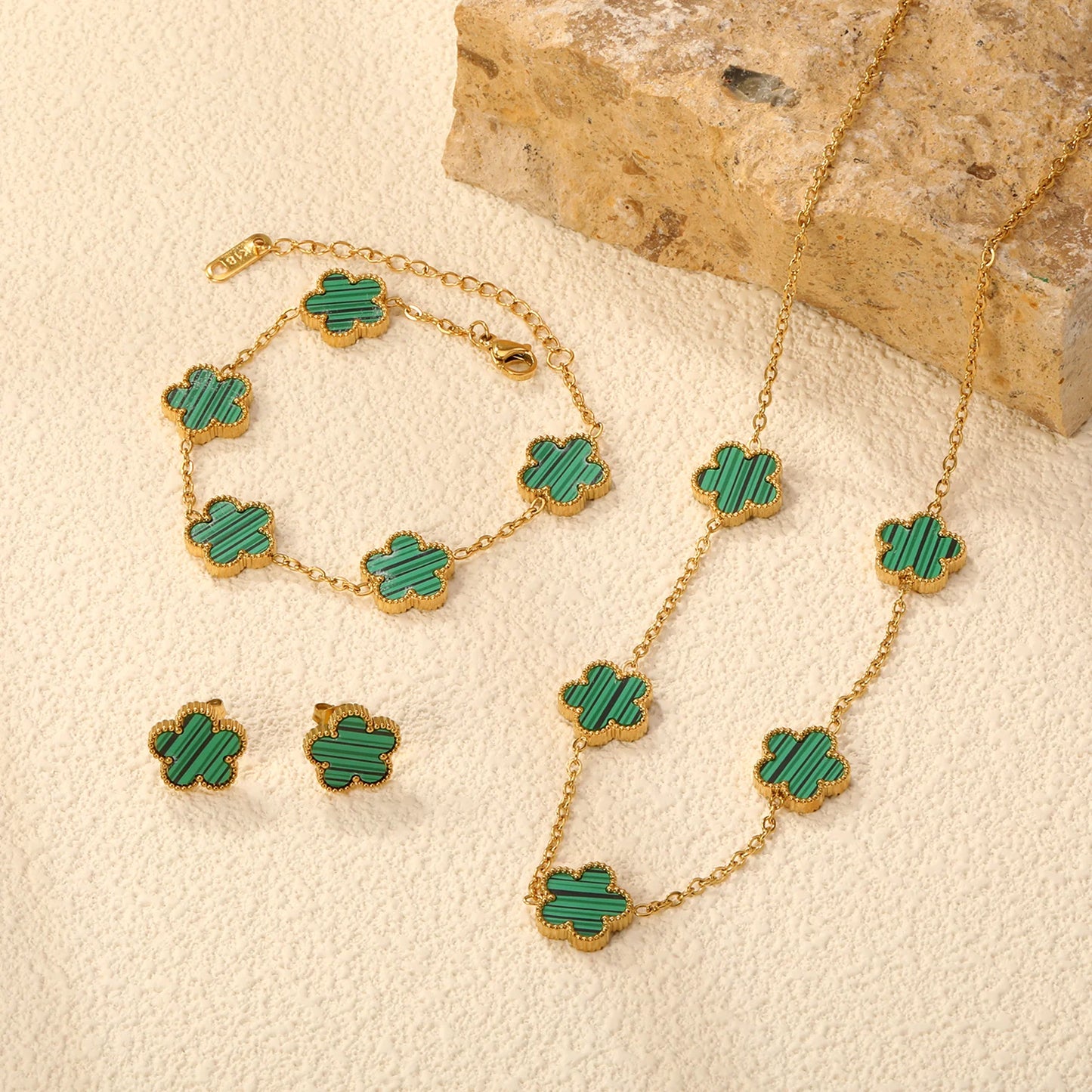 clover necklace bracelet earrings set, Clover motif jewelry set, polished gold-tone finish with charm jewelry set styling, layered delicate chain silhouette, old money aesthetic clover jewelry set women, formal dinner jewelry accessory, old money aesthetic jewelry set, lightweight jewelry set for travel.