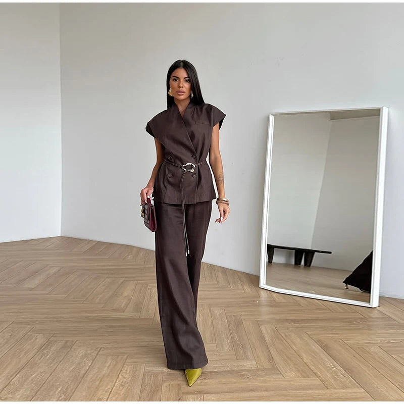 co-ord sets for women formal, year-round women's pant set, Chocolate brown pant suit with belted waist and wide leg trousers tailored pants set women styled as office pants set women or elegant wide leg pantsuit for party, influencer style pant set women, wide leg suit set for tall women.