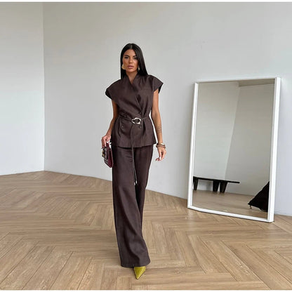 co-ord sets for women formal, year-round women's pant set, Chocolate brown pant suit with belted waist and wide leg trousers tailored pants set women styled as office pants set women or elegant wide leg pantsuit for party, influencer style pant set women, wide leg suit set for tall women.
