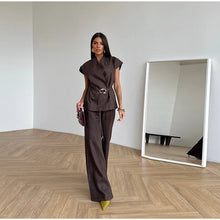 Load image into Gallery viewer, co-ord sets for women formal, year-round women&#39;s pant set, Chocolate brown pant suit with belted waist and wide leg trousers tailored pants set women styled as office pants set women or elegant wide leg pantsuit for party, influencer style pant set women, wide leg suit set for tall women.