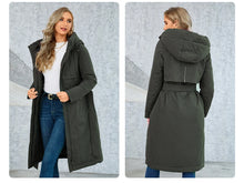 Load image into Gallery viewer, womens down jacket, parka for women, duck down coat, parka coat, belted coat, duck down jacket womens,  womens down coats and jackets duck down jacket, hooded parka jacket, hooded down jacket, down coat, winter coats women, long line coat, womens dressy winter coats, womens outdoor coat, womens long parka coat.