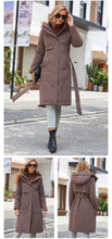 Load image into Gallery viewer, womens down jacket, parka for women, duck down coat, parka coat, belted coat, duck down jacket womens,  womens down coats and jackets duck down jacket, hooded parka jacket, hooded down jacket, down coat, winter coats women, long line coat, womens dressy winter coats, womens outdoor coat, womens long parka coat.