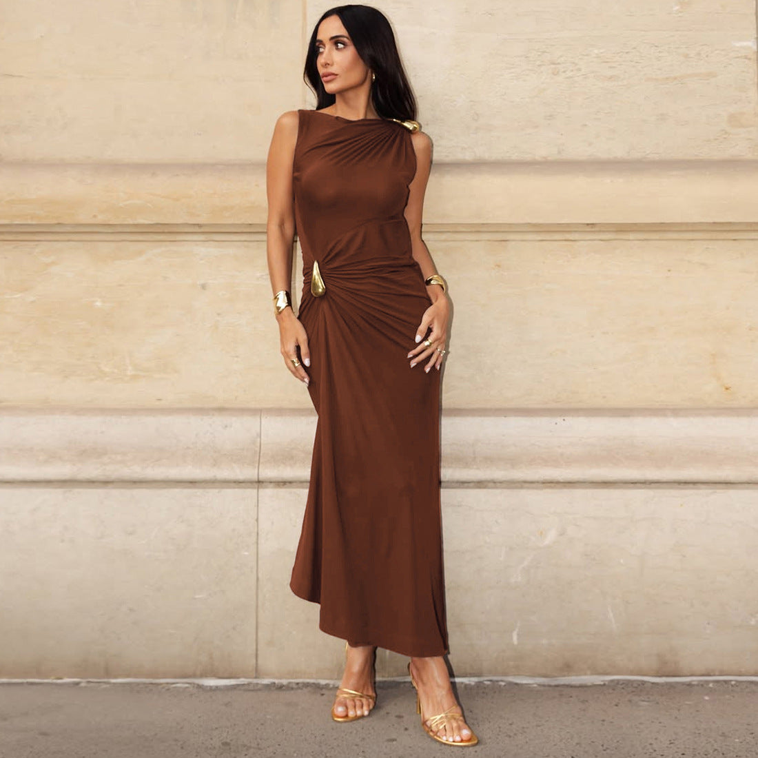 cocktail party brown dress women, fall wedding guest dress women, brown maxi dress for evening, ruched formal dress brown women, elegant cocktail dress, brown dress women, maxi evening gown women.
