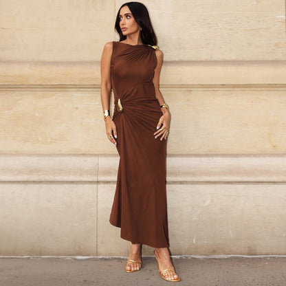 cocktail party brown dress women, fall wedding guest dress women, brown maxi dress for evening, ruched formal dress brown women, elegant cocktail dress, brown dress women, maxi evening gown women.