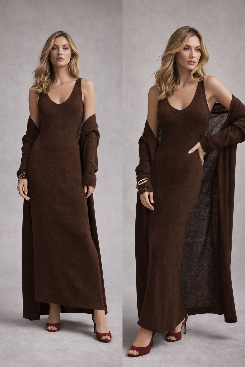 coffee brown longline cardigan and knit maxi outfit set, knit dress set, two piece maxi outfit set women, quiet luxury knit, old money casual co-ord set, V-neck knit co-ord, Cozy luxury knit set, Versatile Soft Knit Maxi Dress and Matching Longline Cardigan Outfit Set Co-Ord, classy casual set.