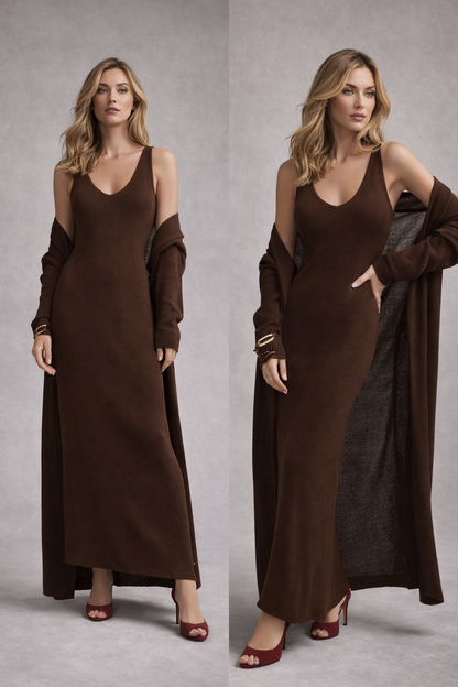 coffee brown longline cardigan and knit maxi outfit set, knit dress set, two piece maxi outfit set women, quiet luxury knit, old money casual co-ord set, V-neck knit co-ord, Cozy luxury knit set, Versatile Soft Knit Maxi Dress and Matching Longline Cardigan Outfit Set Co-Ord, classy casual set.