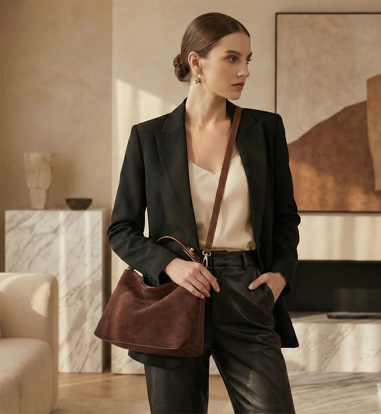 convertible crossbody bag, work shoulder bag,  Suede shoulder hobo, roomy slouchy silhouette, removable strap for crossbody wear, commuter work bag for women, travel tote, neutral fall handbag, old money style, everyday shoulder bag, quiet luxury bag.