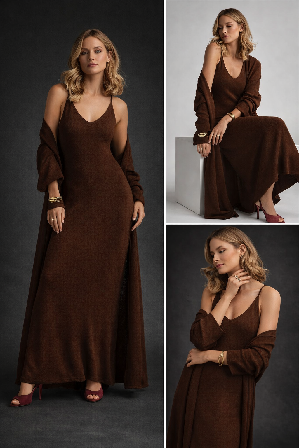 coffee brown knit maxi co-ord set, two piece maxi dress, longline cardigan outfit set, outfit set women, business casual knit dress, knit maxi dress and cardigan set, quiet luxury knit maxi, Knit dress set with long cardigan layering in premium knit fabric, sleeveless maxi dress structure and classy casual maxi styling, comfy knit maxi dress set for work-appropriate knit maxi set.