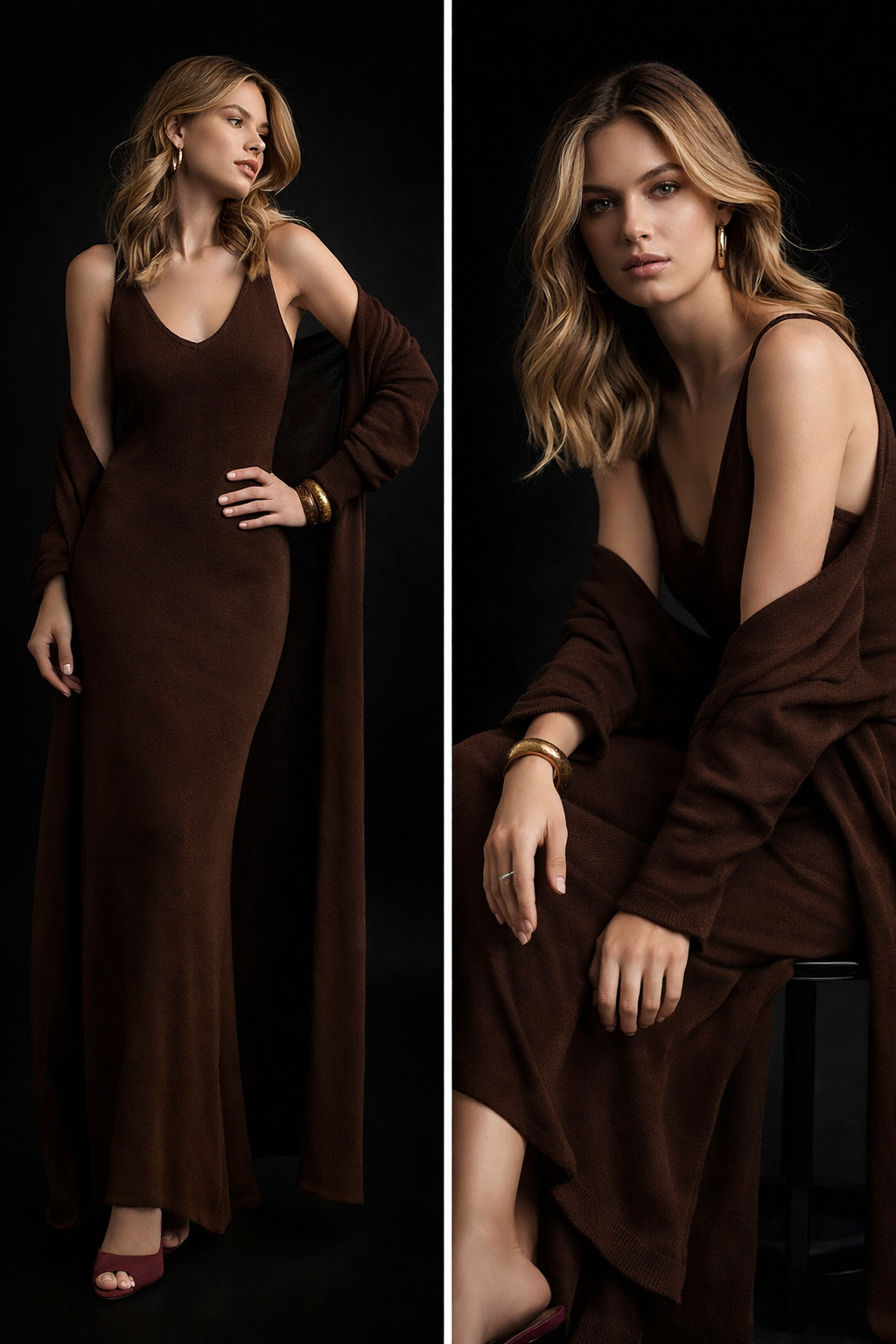 Matching knit co-ord set, coffee brown knit maxi dress and cardigan set, beige knit outfit set, green longline cardigan maxi dress, sleeveless knit maxi co-ord, business casual knit set, quiet luxury knit maxi, old money fall outfit set, comfy knit maxi dress set, v-neck knit maxi cardigan, flowy cardigan knit dress.
