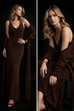 Load image into Gallery viewer, Matching knit co-ord set, coffee brown knit maxi dress and cardigan set, beige knit outfit set, green longline cardigan maxi dress, sleeveless knit maxi co-ord, business casual knit set, quiet luxury knit maxi, old money fall outfit set, comfy knit maxi dress set, v-neck knit maxi cardigan, flowy cardigan knit dress.