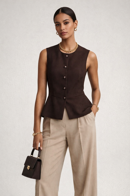 peplum vest top, sleeveless blazer vest women, structured vest women, chic vest outfit women, tailored peplum vest women outfit, fitted vest top women workwear, brown vest outfit women aesthetic, structured vest for work outfits.