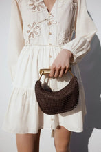 Load image into Gallery viewer, coffee brown straw handbag, Statement handle bag, woven straw bucket bag, stylish bag for wedding guest, summer tote bag for millennials, eco-conscious vacation purse.