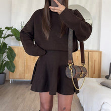 Load image into Gallery viewer, coffee brown turtleneck sweater dress, fit and flare sweater dress women, mock neck long sleeve sweater dress, winter knit dress women, ribbed knit sweater dress women, classy fall outfit sweater dress, old money knitwear dress women, old money fit and flare sweater dress for fall.