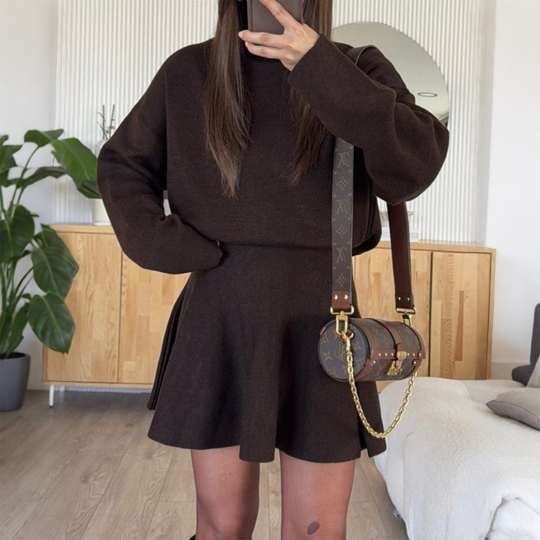 coffee brown turtleneck sweater dress, fit and flare sweater dress women, mock neck long sleeve sweater dress, winter knit dress women, ribbed knit sweater dress women, classy fall outfit sweater dress, old money knitwear dress women, old money fit and flare sweater dress for fall.