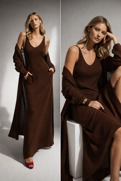 Knit maxi dress cardigan set, two piece knit maxi dress, outfit set women, sleeveless maxi dress, knit dress set, coffee brown Knit maxi dress and long cardigan co-ord set in soft knit fabric with straight silhouette, quiet luxury outfit and outfit set women styling, knit maxi dress and cardigan set for business casual knit set, Instagram worthy knit co-ord, classy casual maxi.