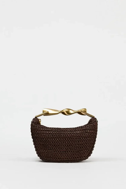 woven bucket bag, straw purse with raffia tote design, sculpted handle woven bag for brunch outfit or rooftop party accessory, chic look.