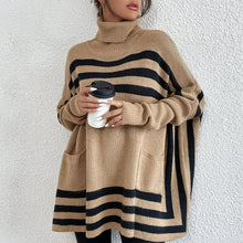 Load image into Gallery viewer, Camel poncho sweater women with boxy fit and striped turtleneck pullover detailing, cozy oversized knit sweater women essential, geometric stripe poncho turtleneck for relaxed winter outfits and everyday layering looks, poncho turtleneck sweater women, patch pockets sweater .