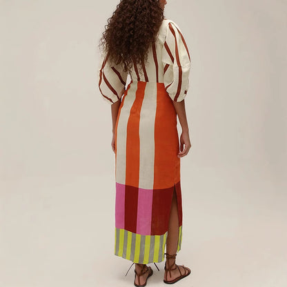colorblock cutout maxi dress, vertical stripe dress, colorblock dress, knotted bust dress, beach brunch dress, beach brunch dress, resort wear boho maxi dress, colorblock vertical stripe dress for summer vacation, puff sleeve maxi dress for beach brunch