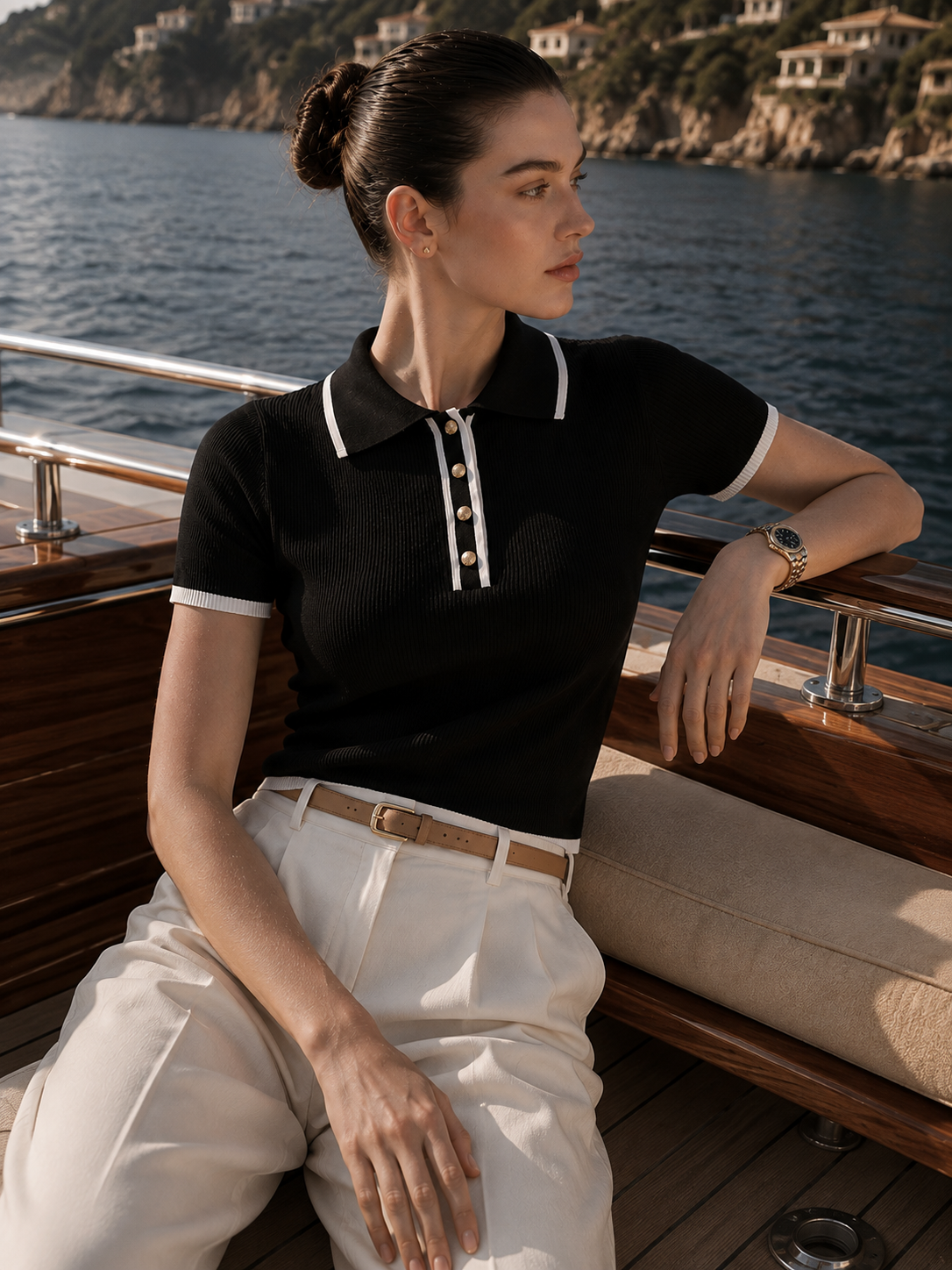Old Money contrast trim ribbed knit polo, Black fitted polo knit top with fine vertical ribbing, contrast collar and sleeve trim, plus a button placket that gives this everyday knitwear piece a refined European-inspired aesthetic for summer days.