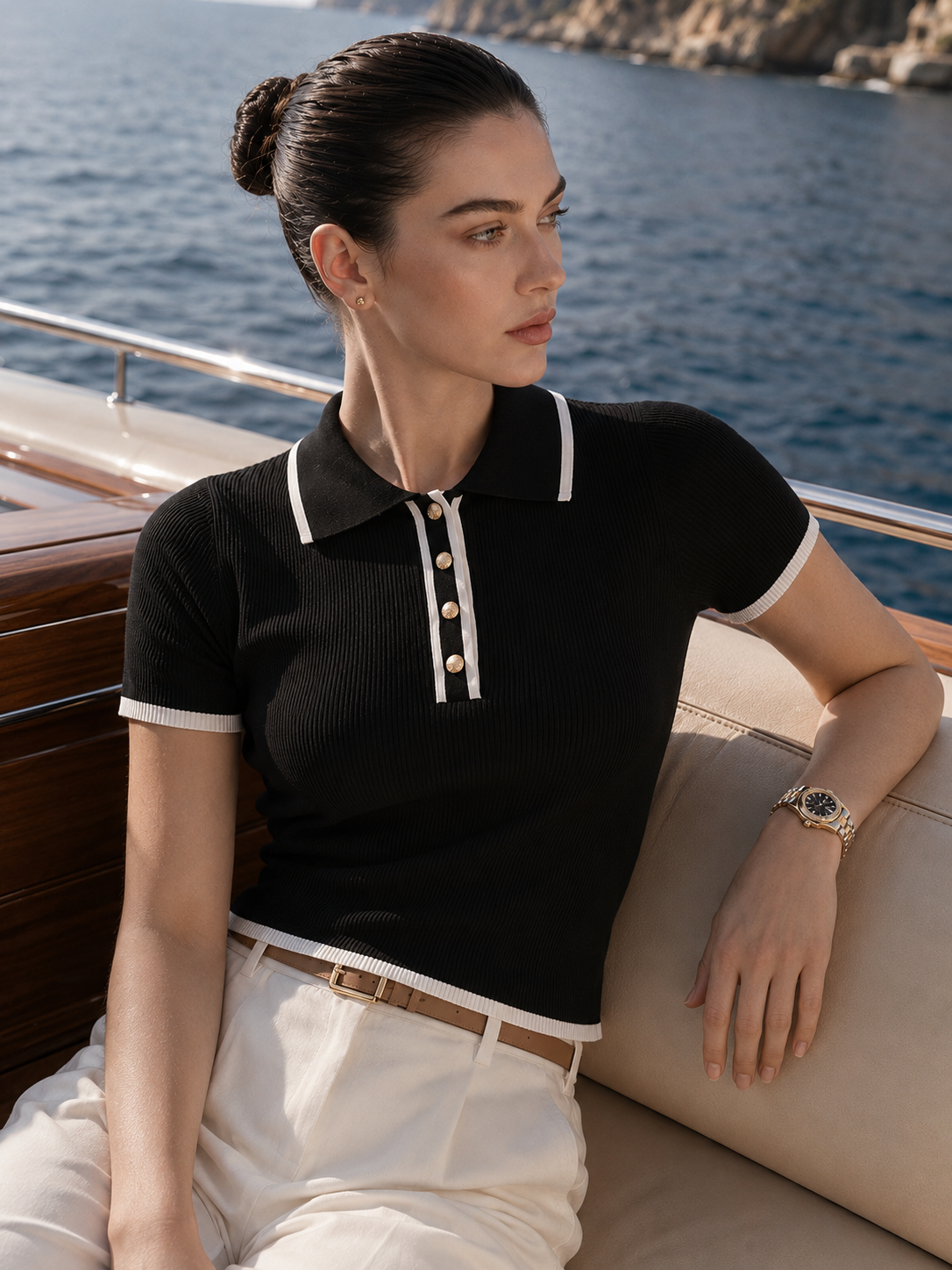 contrast trim ribbed polo top, Black ribbed knit polo shirt for women with a classic collar, contrast edging and button detail, blending modern preppy style with a tailored look for office outfits, brunch dates and everyday wear daily.