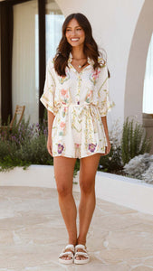 coquette pastel romper, cottagecore summer playsuit, photo-ready brunch romper, floral one-piece dressy outfit, stylish summer mini suit