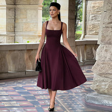 Load image into Gallery viewer, corset midi dress, fit and flare dress, burgundy corset dress, corset top dress, pleated skirt dress, pleated midi dress, pleated dress, pink corset sundress, midi swing dress, fit and flare midi dress, square neck midi dress, corset wedding guest dress, fit and flare cocktail dress, prom and dance dress, prom dress.