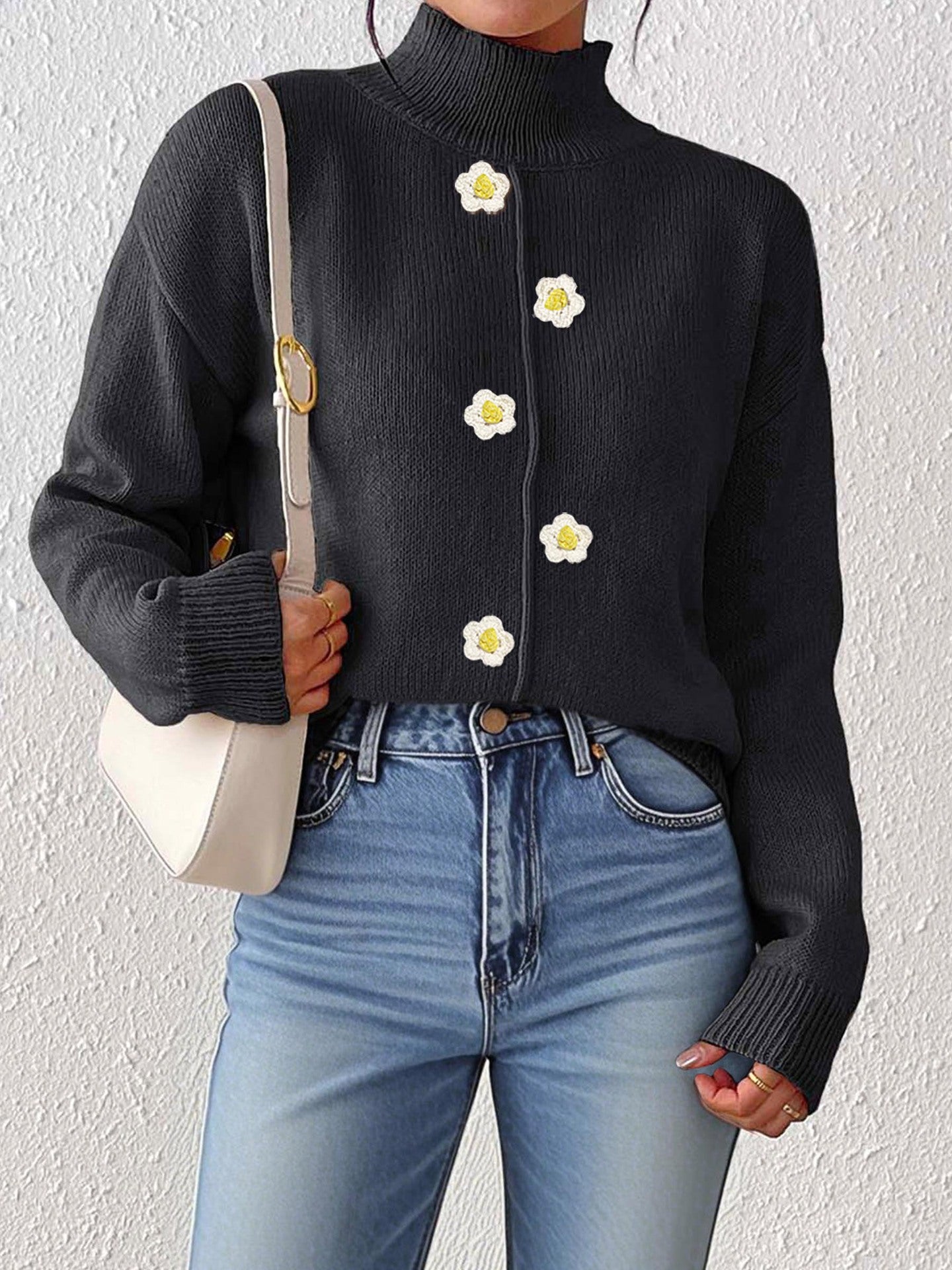 black mock neck sweater, Wool-blend black sweater with mock neck and daisy buttons, cozy fall knit top for women, Korean fashion aesthetic, soft girl outfit perfect for workwear and weekends, womens fall office and casual layering, 