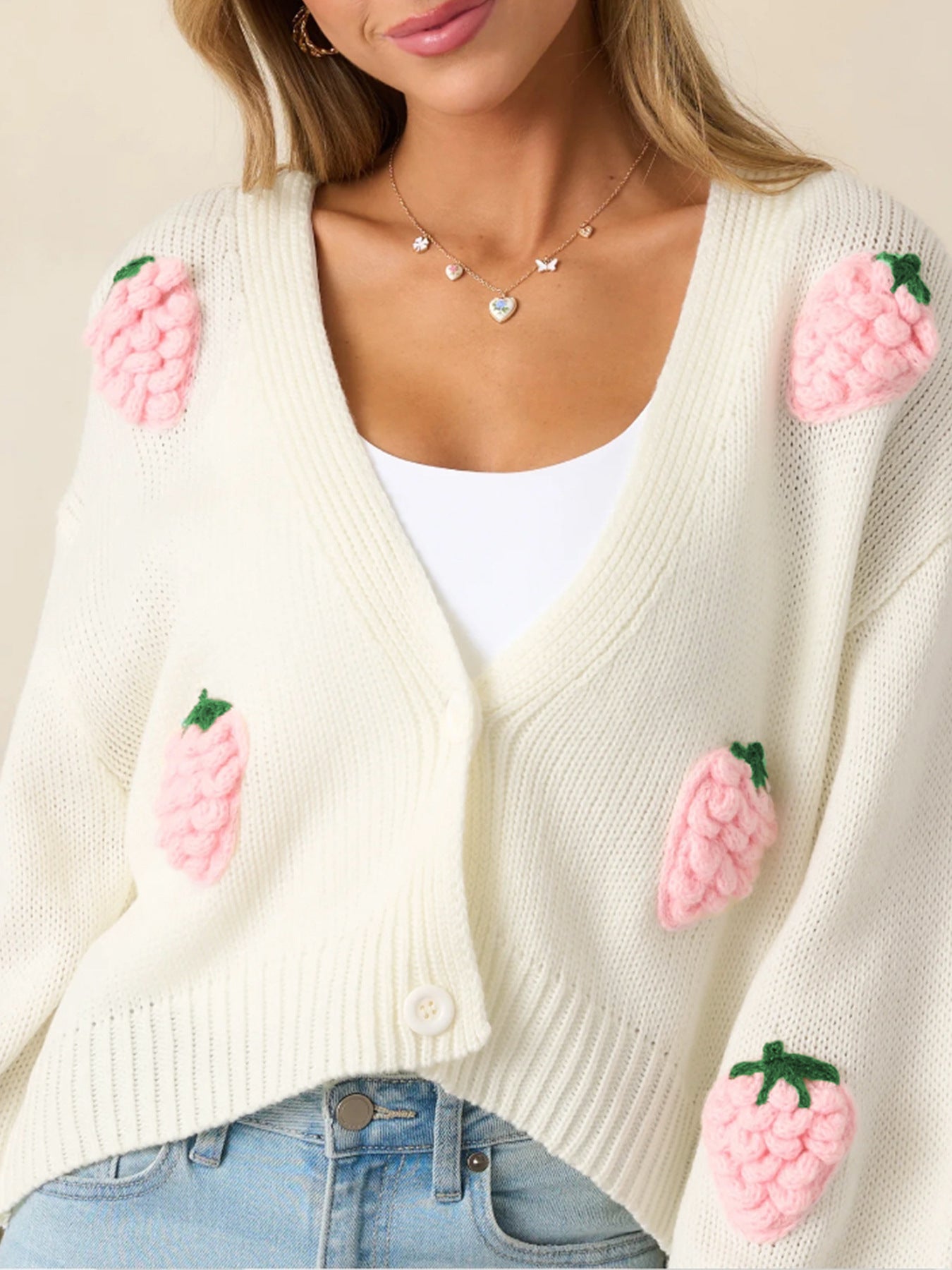 cozy fall sweater, cardigan sweater for women, Cropped cardigan top with strawberry embroidery, cozy knitwear for women and soft girl aesthetic style, perfect trendy fall layering sweater for casual Pinterest-inspired outfits.